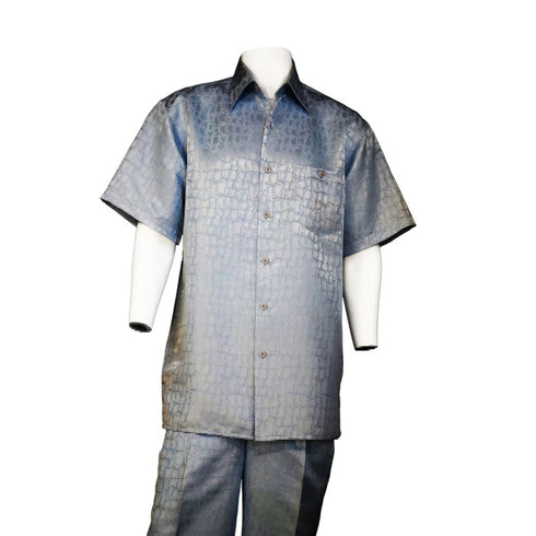 Men's 2 piece Sets short sleeve Alligator print walking suit in Navy