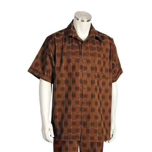 Men's 2 piece Sets short sleeve Bowling leisure set walking suit in white and taupe wide stripe