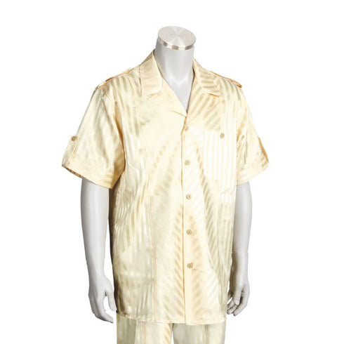Men's 2 piece Sets short sleeve leisure set walking suit in Yellow diagonal pinstripe
