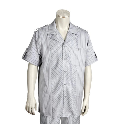 Men's 2 piece Sets short sleeve leisure set walking suit in grey diagonal pinstripe
