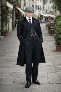 Men's Black Collar Viscose Lining Peaky Blinders Suit - Peaky Blinders Outfit + Overcoat + Hat (Peaky Blinder Custome)