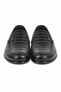 Men’s Black Genuine Crocodile and Calfskin Leather Slip-On Dress Shoes