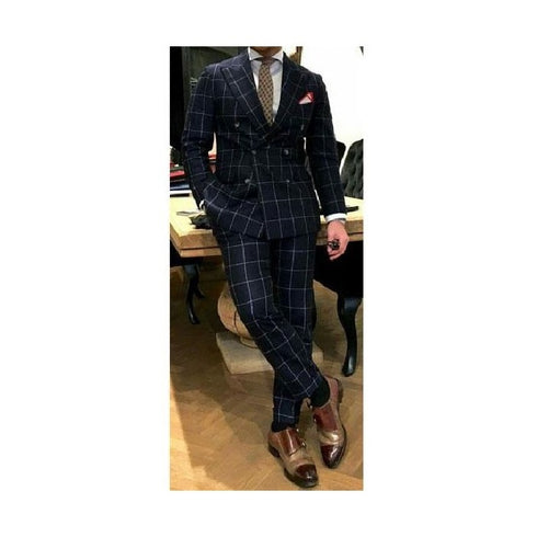 Men's Black White Windowpane Plaid Double Breasted Wool Suits