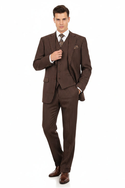 Men’s Brown Pinstripe 3-Piece Suit