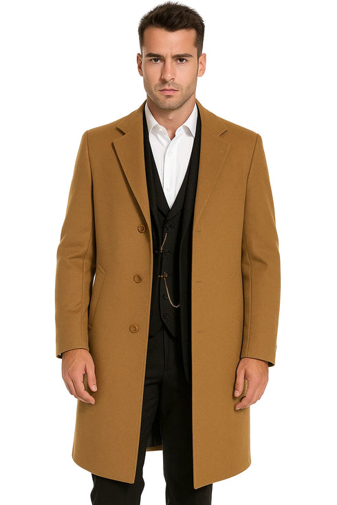 Men’s Camel Overcoat – Classic Single Breasted Wool Long Coat with Peak Lapel
