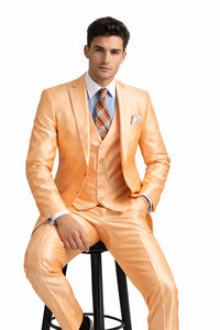 Men’s Orange Sharkskin Tuxedo Suit – Slim Fit 3-Piece Wedding & Prom Style