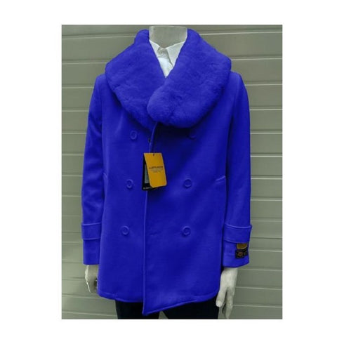 Men's Pea Coats With Fur Collar - Wool Royal Blue Pea coats