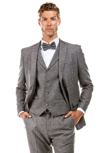 Men’s Two Button Vested Vintage Style Tweed Wedding Suit in Grey