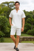 Men’s White Embroidered Short Set – Casual Summer Outfit with V-Neck Shirt and Matching Shorts