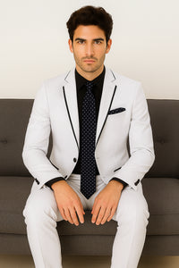 All White Mens Tuxedo - Wedding Suit - Mens Two Button Slim Fit Vested Prom Tuxedo Suit With Trim In White