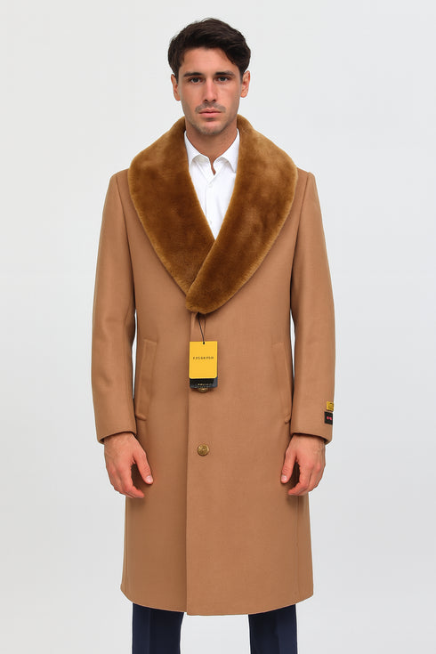 Mens Full Length And Cashmere Overcoat - Winter Topcoats - Light Brown Coat - Dark Camel - Vecuna Color
