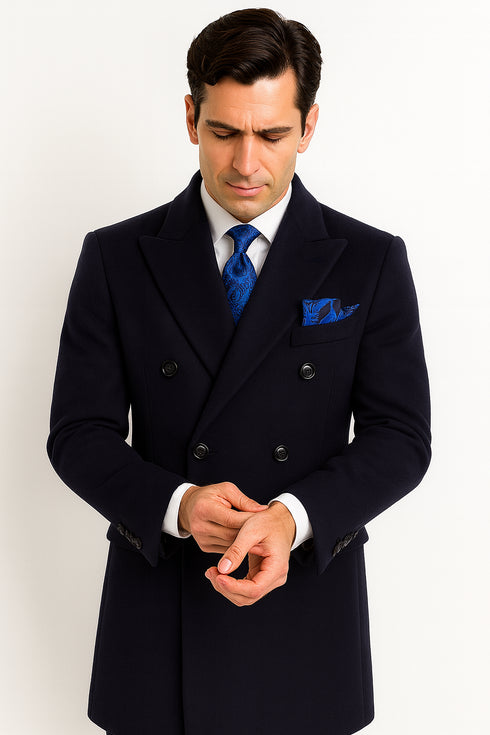 Navy Blue Overcoat - Blue Winter Topcoat - Fabric Double Breasted