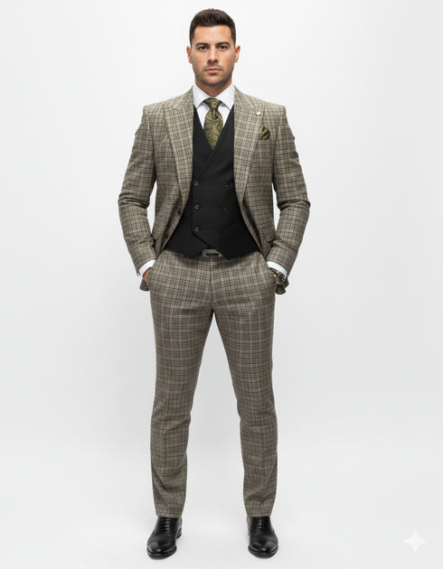 Statement Suits - Wool Suits - Peak Lapel Suits - Ticket Pocket - Modern Fit - Olive Suit