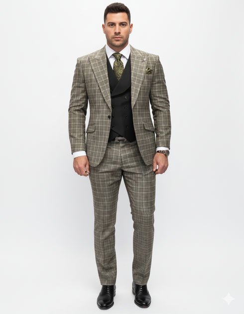 Statement Suits - Wool Suits - Peak Lapel Suits - Ticket Pocket - Modern Fit - Olive Suit