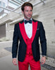 Mens Wool Vested Wide Contrast Peak Black and Red Wedding Tuxedo