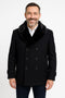 Mens Black Peacoat Wool Overcoat with Faux Fur Shawl Collar – Double-Breasted Winter Peacoat