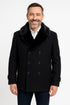 Mens Black Peacoat Wool Overcoat with Faux Fur Shawl Collar – Double-Breasted Winter Peacoat