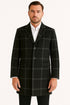 Mens Black Windowpane Wool Overcoat – Classic Long Checkered Coat Checkered Plaid Pattern