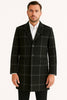 Mens Black Windowpane Wool Overcoat – Classic Long Checkered Coat Checkered Plaid Pattern