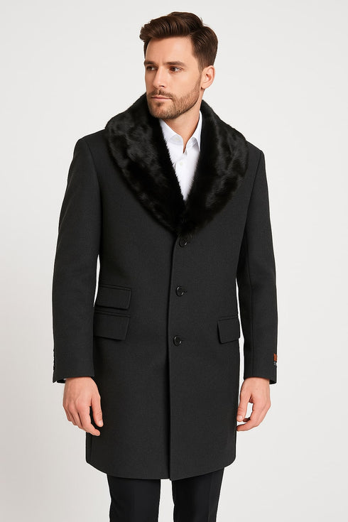 Mens Black Wool Overcoat with Black Faux Fur Collar – Luxury Winter Dress Coat