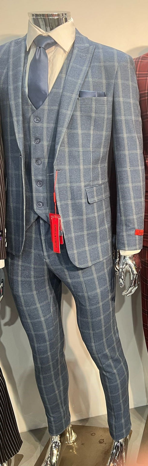 Mens Blue Windowpane Checkered Slim Fit Suit – 3 Piece Stretch Business Suit
