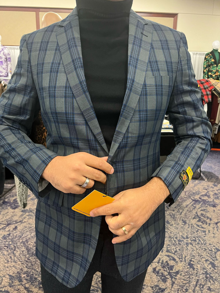 Men’s Big and Tall Navy Blue with Burgundy Plaid Jacket and Sport Coat – Wool Blazer