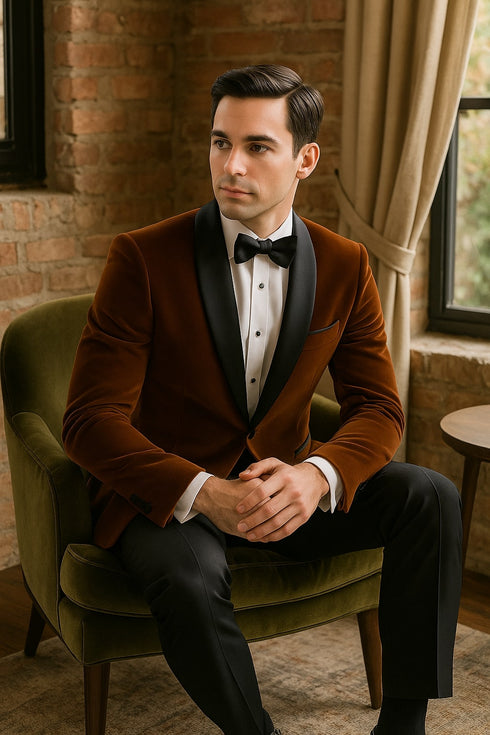 Mens Brown Velvet Tuxedo with Black Satin Shawl Lapel – One Button Formal Suit Jacket