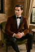 Mens Brown Velvet Tuxedo with Black Satin Shawl Lapel – One Button Formal Suit Jacket