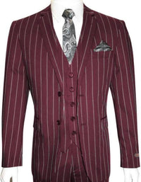 Mens 2 Button Gangster Pinstripe Suit Burgundy
