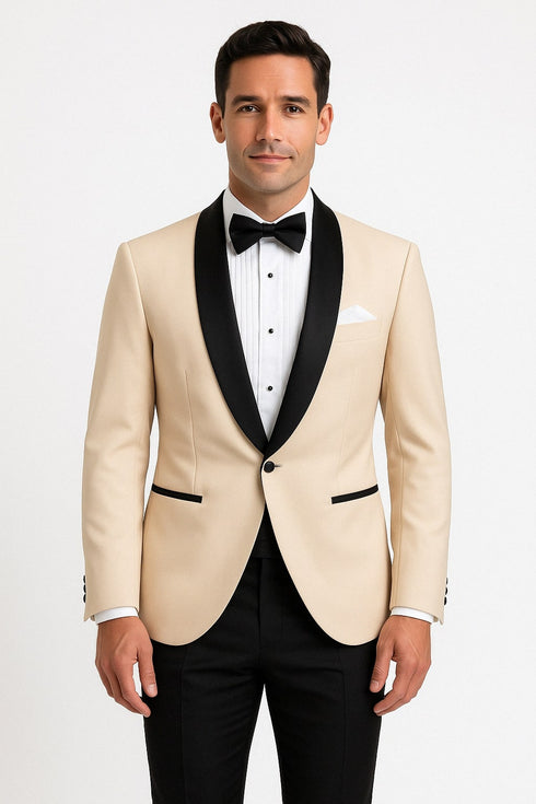 Mens Champagne Light Tan Tuxedo Jacket with Black Shawl Lapel – Classic One-Button Formal Dinner Jacket - Nude Color