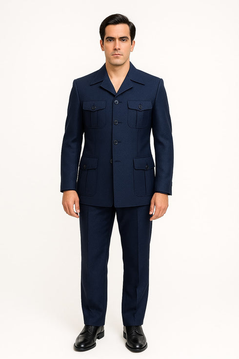 Mens Classic Navy Safari Suit with Utility Jacket and Coordinated Trousers