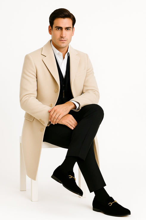 Mens Cream Overcoat - Off White Topcoat - Ivory Mens Long Wool Winter Coat - Full Length
