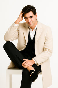 Mens Cream Overcoat - Off White Topcoat - Ivory Mens Long Wool Winter Coat - Full Length