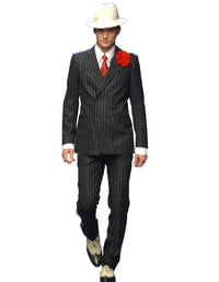 Mens Double Breasted Gangster Six Button Suit in Black/Black and Red Pinstripe