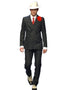 Mens Double Breasted Gangster Six Button Suit in Black/Black and Red Pinstripe