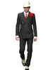 Mens Double Breasted Gangster Six Button Suit in Black/Black and Red Pinstripe