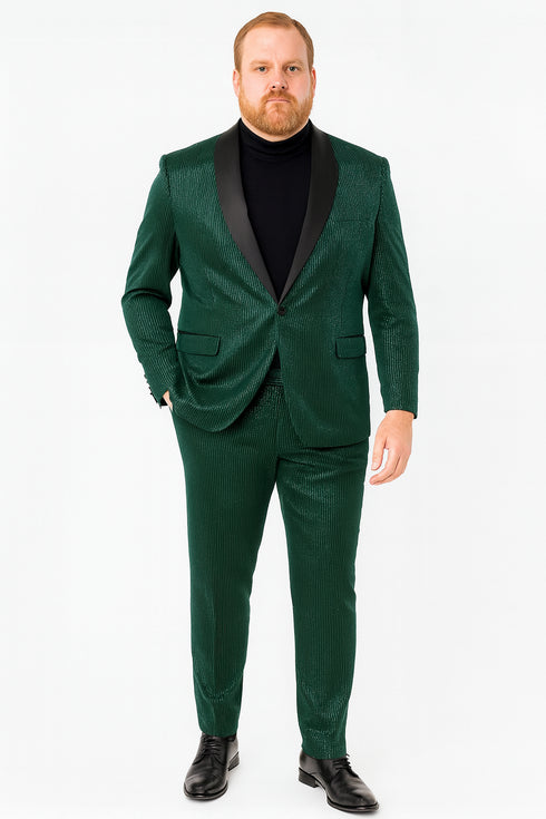 Mens Emerald Green Shiny Stripe Tuxedo Suit – Slim Fit 2-Piece Satin Lapel Dinner Jacket and Pants Ultra slim fit