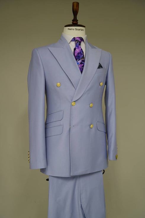 Mens Light Blue Double-Breasted Suit with Gold Buttons – Slim Fit 2-Piece Formal Set in Sky Blue Color