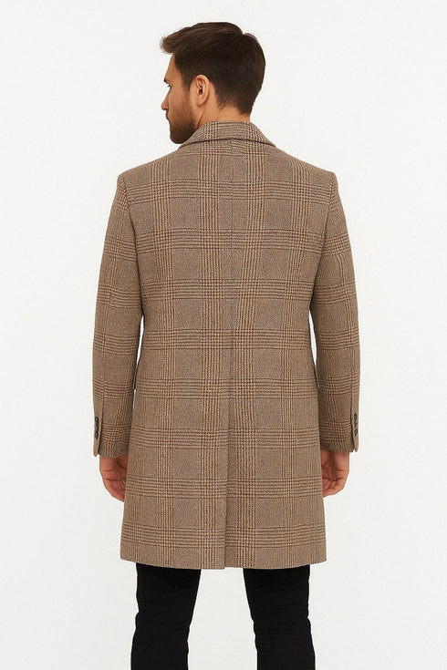 Mens Gray and Light Brown Glen Plaid Wool Overcoat – Double-Breasted Vintage Check Coat