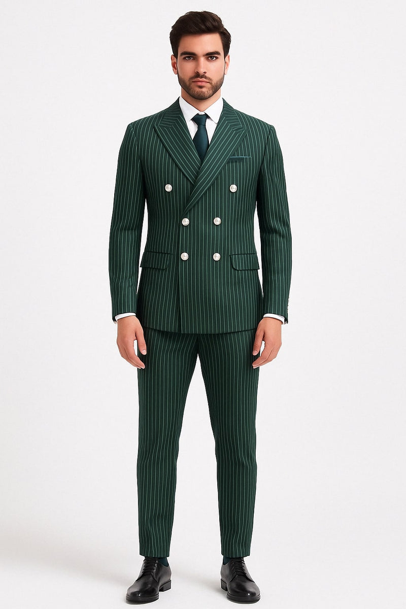 Mens Green Pinstripe Double-Breasted Suit  Slim Fit 2 Piece Formal Bu   OvercoatUSA