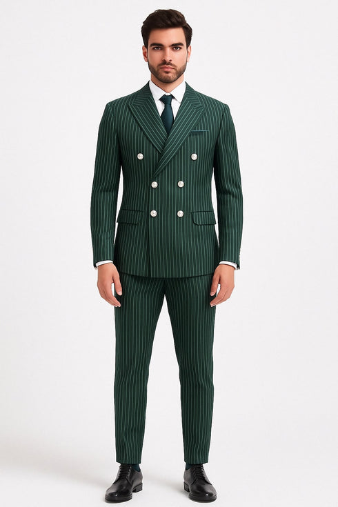 Mens Green Pinstripe Double-Breasted Suit – Slim Fit 2 Piece Formal Business Suit with Peak Lapel 1920s Gangster Pinstripe