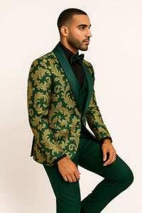 Mens Green and Gold Embroidered Tuxedo – 3-Piece Prom Suit