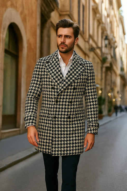 Mens Houndstooth Double-Breasted Wool Peacoat – Black and White Wool Short Coat Slim Fit