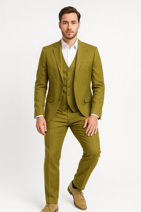 Mens Light Olive Green Linen Suit Three-Piece Style – Formal Suit with Vest and Flat Front Pants