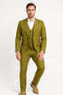 Mens Light Olive Green Linen Suit Three-Piece Style – Formal Suit with Vest and Flat Front Pants