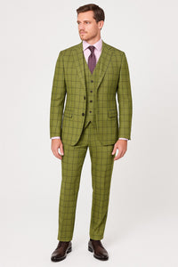 Mens Light Olive Green Three-Piece Plaid Suit with Notch Lapel - Sage Green Windowpane Pattern