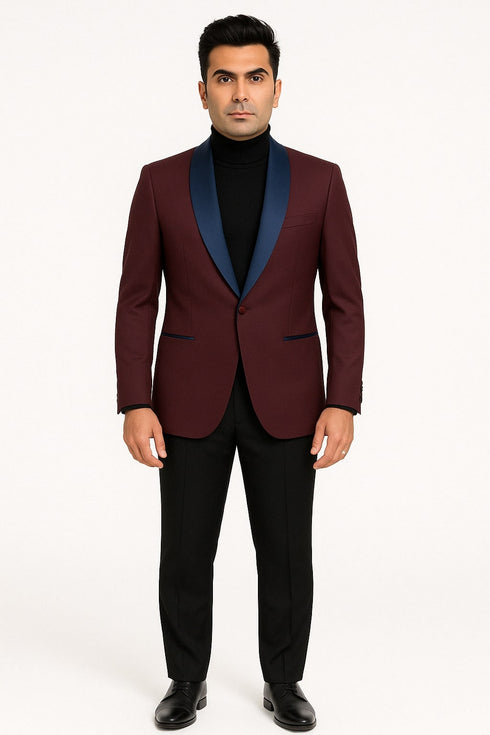 Mens Maroon Tuxedo Jacket with Blue Satin Shawl Lapel – Slim Fit Formal Blazer in Burgundy and Navy Blue