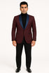Mens Maroon Tuxedo Jacket with Blue Satin Shawl Lapel – Slim Fit Formal Blazer in Burgundy and Navy Blue