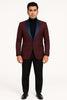 Mens Maroon Tuxedo Jacket with Blue Satin Shawl Lapel – Slim Fit Formal Blazer in Burgundy and Navy Blue