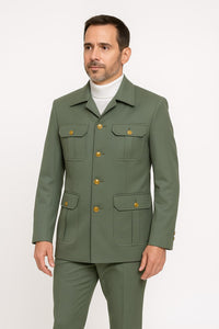 Mens Olive Green Safari Suit Set with Utility Jacket and Adjustable Waist Pants